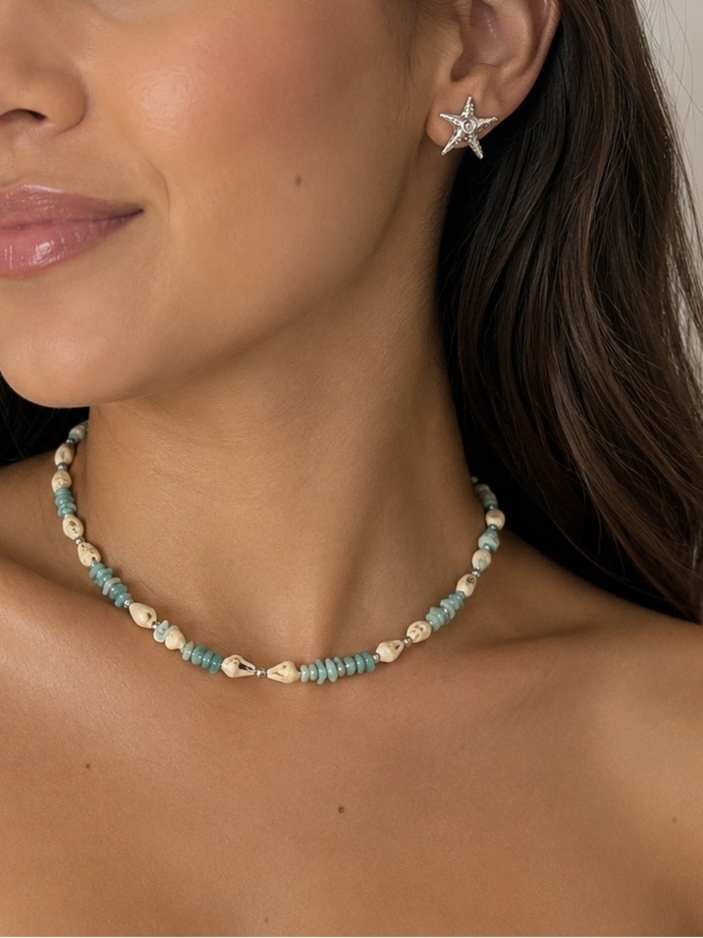 Starfish Silver Stud Earrings & Aqua-Beige Beaded Necklace Set
Amazonite/seashel